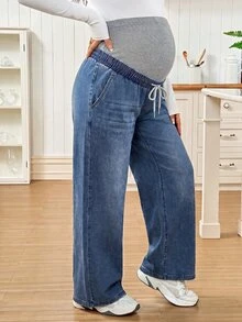 SHEIN 孕婦抽繩腰口袋寬腿寬鬆休閒牛仔褲 - 藍色 - 查看 5