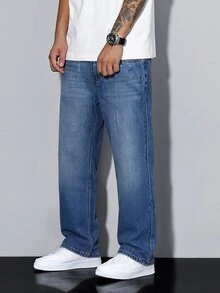 QuarKem Men's Medium Blue Faded Washed Loose Straight Leg Jeans, Vintage Distressed Denim Pants - Blue - View 4