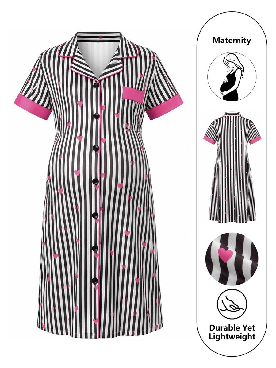 Moonlight&Mama Grey & White Vertical Striped All-Over Print Pink Heart Contrast Trim Lapel Cardigan Short Sleeve Maternity Loose Fit Nightgown Loungewear - Black - View 1