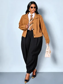 SOLERSUN Plus Size Short Orange Jacket, Stand Collar, Shoulder Patch Design, Long Sleeve, Front Pleated Design, Autumn Casual Short Jacket - Brown - View 5