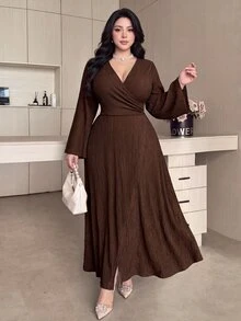 Feyla Plus Size Women Solid Color V-Neck Ruched Elegant Waist-Cinching Party Dress - Coffee Brown - View 1
