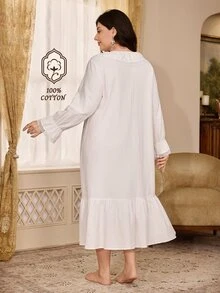 PalaceNights Autumn/Winter French Court Style 100% Pure Cotton Long Sleeve Nightgown For Women, Ruffle Collar Lace Embroidered Plus Size Loose Long House Dress - White - View 3