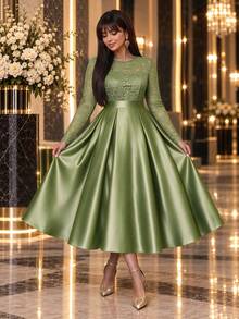 Auveirra Đầm satin phối ren size lớn - màu xanh lá - Xem 1