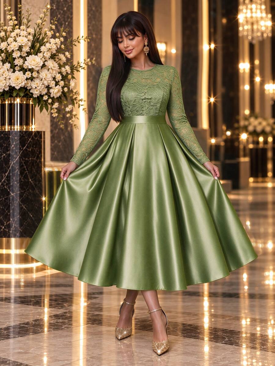 Auveirra Đầm satin phối ren size lớn - màu xanh lá - Xem 1