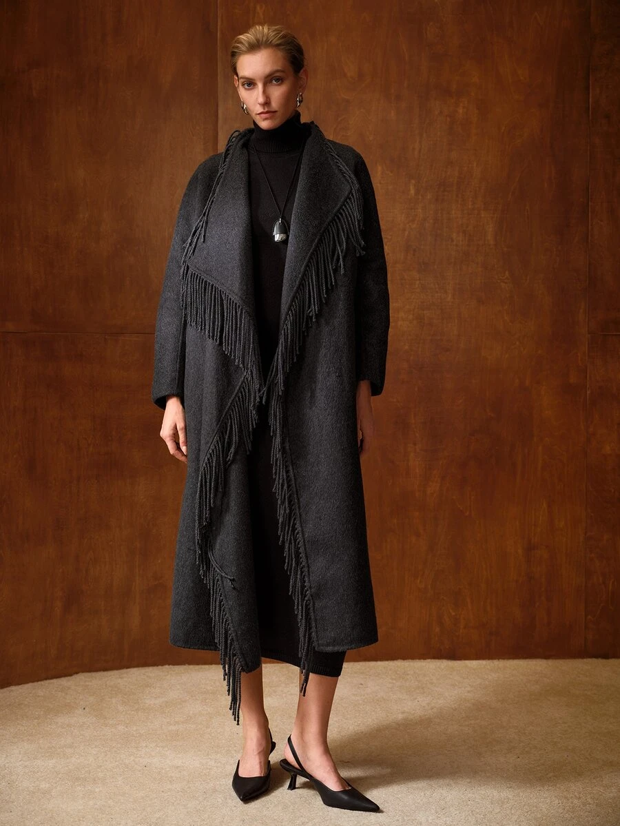 MOTF PREMIUM WOMEN'S ELEGANT TASSEL DECOR LONG SLEEVE OVERCOAT - Dark Grey - View 1