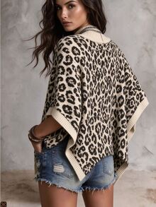 Trelyra Casual Fashion Leopard Print Cape Sweater - Apricot - View 1