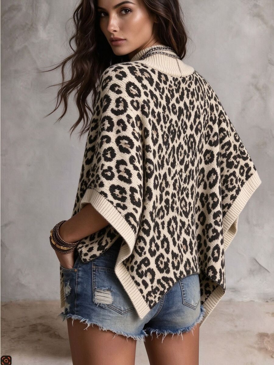 Trelyra Casual Fashion Leopard Print Cape Sweater - Apricot - View 1