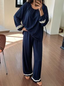 DAZY 2pcs/Set Women's Lace Patchwork Loose Long Sleeve Top & Straight Leg Long Pajama Pants Sleepwear Set - Navy Blue - View 3