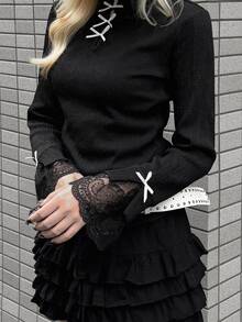 FRIFUL Middle-Aged Women Korean Style Romantic Elegant Bowknot Decor Lace T-Shirt Party Night Black - Black - View 6