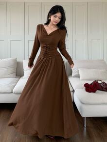 Feyla Women's Solid Color Tie-Front Cowl Neck Casual Party Summer Dress - Coffee Brown - View 3