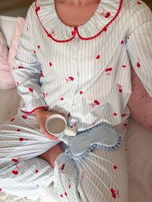 Slumberry CURVE Sweet & Cute Cherry & Heart Print Pajama Set, Romantic Elegant Plus Size Sleepwear Set For Girls - Multicolor - View 4