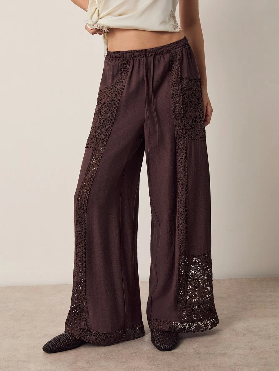 Willow Rêve Women's Brown Water-Soluble Embroidered Patchwork Loose Straight Leg Pants - Brown - View 1