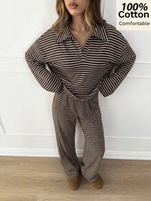 Siren Gaze 100%純棉女款休閒條紋長袖 Polo 衫與寬鬆長褲套裝，棕色睡衣套裝，休閒、居家、辦公、聖誕 - 棕色 - 查看 9