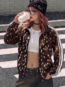 Attitoon 女款薄款夾克，深棕色鹿紋，立領長袖，街頭酷感高端極簡機車風工裝風，時尚Y2K低調百搭街頭穿搭，咖啡廳休閒氛圍，大學校園回校穿搭，夜店服飾，青年休閒風 - 彩色 - 查看 2
