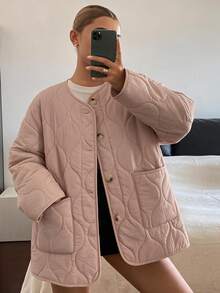 DAZY Women's Loose Pink Casual Padded Coat With Stitching Decor - Pink - View 4