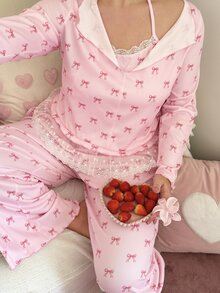 Slumberry CURVE Sweet & Cute Pajama Set, Cute Girl Bow Print Pajama Set, Romantic & Elegant Plus Size Pajama Set - Multicolor - View 5