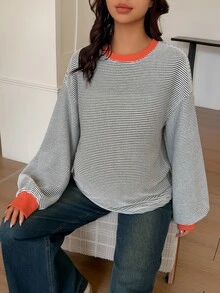 DAZY Contrast Striped Loose Long Sleeve Casual Everyday Autumn/Winter Maternity T-Shirt - White - View 7