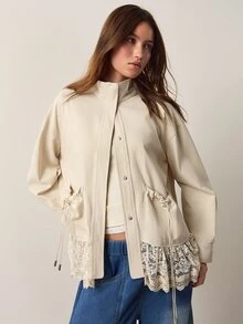 Willow Rêve Women's Cream Lace Hem Loose Jacket - Cream - View 5