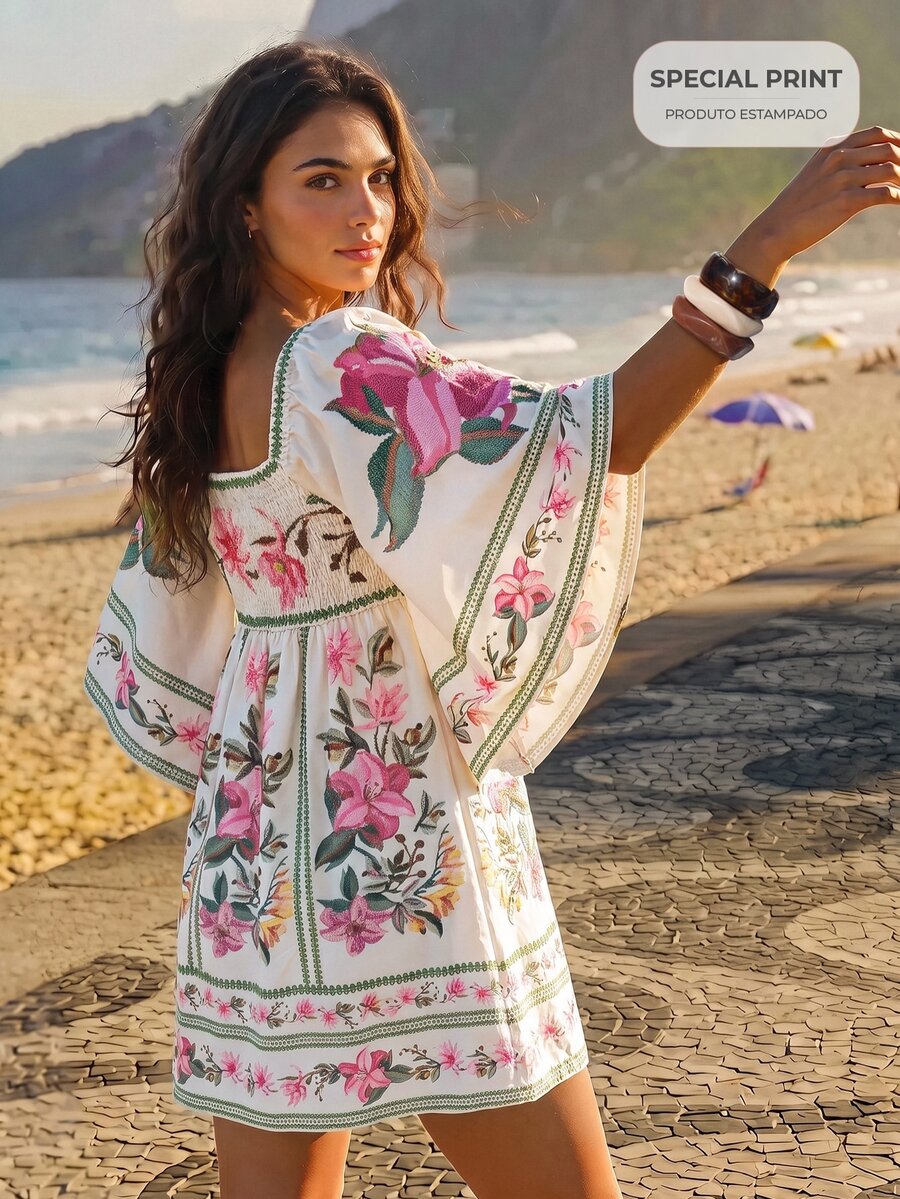 CAJUNI Tropical Vacation Romantic Embroidery Flowers Short Dress - Multicolor - View 1