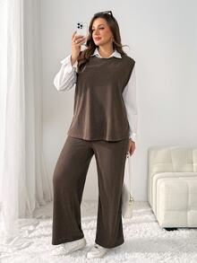 Shapeblank Women's Plus-Size Autumn/Winter Two Pieces Set: Stylish, Loose, Stretchy, And Comfortable Vest Top With Wide-Leg Trousers (Brown),Fall Outfits - Brown - View 4