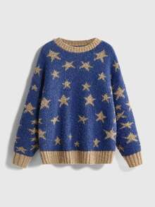 ROMWE Fairycore Women's Star Pattern Casual Daily Long Sleeve Sweater - Blue - View 1