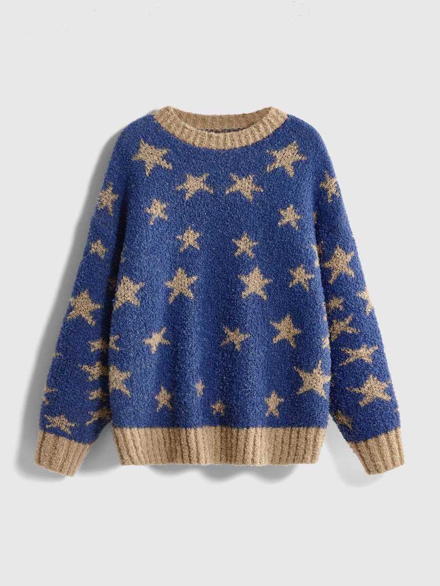ROMWE Fairycore Women's Star Pattern Casual Daily Long Sleeve Sweater - Blue - View 1