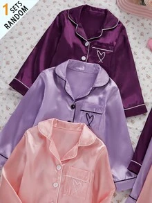 SHEIN 女童純色緞面簡約口袋愛心印花長袖開襟外套配長褲休閒居家服 3 套隨機發貨 1 - 淺灰紫 - 查看 4
