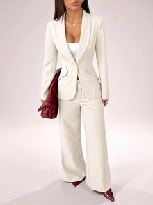 SHEIN PETITE Elegant Suits Two Pieces Outfits,Single-Button Blazer Set And Suit Pants,Autumn Office Business Corporate Attire For Commuting ,Petite Women - Apricot - View 3