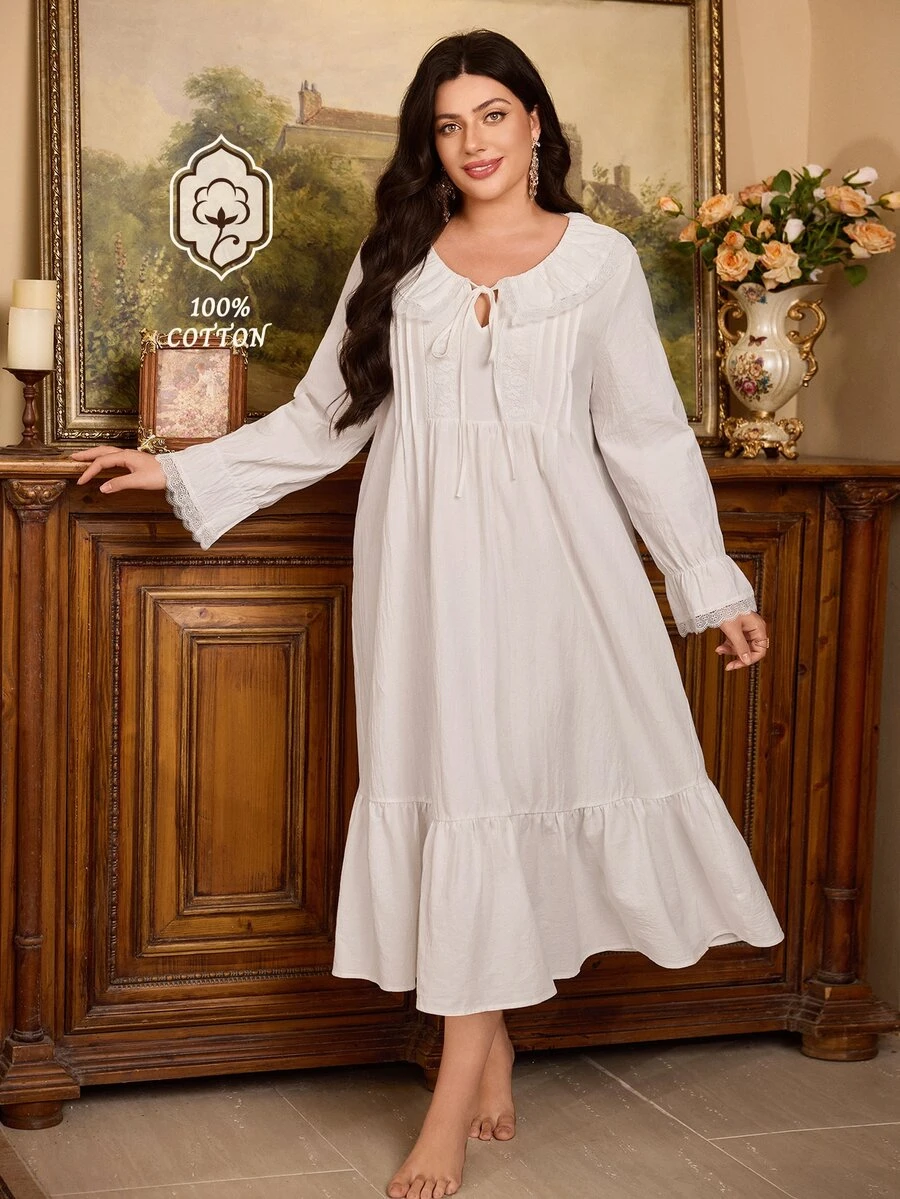 PalaceNights Autumn/Winter French Court Style 100% Pure Cotton Long Sleeve Nightgown For Women, Ruffle Collar Lace Embroidered Plus Size Loose Long House Dress - White - View 1