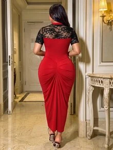 NU&NOW Plus Contrast Lace Cut Out Front Ruched Split Thigh Dress Halloween Party Night Black Summer Sexy Elegant - Red - View 2