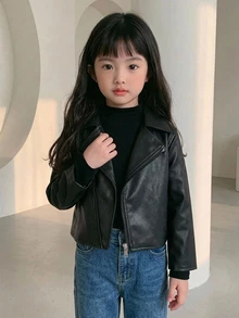 Dazy Kids (少女款) 棕色寬鬆休閒秋冬短款PU皮革翻領夾克 - 黑色 - 查看 5