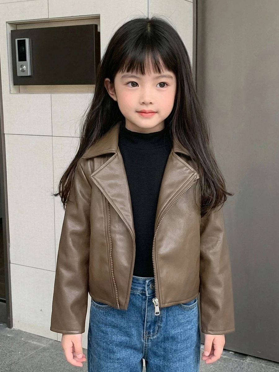DAZY (少女款) 棕色寬鬆休閒秋冬短款PU皮革翻領夾克 - 卡其色 - 查看 1