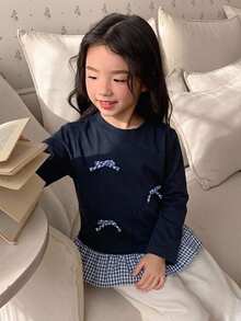 Dazy Kids 女童秋季圓領針織撞色條紋短袖T恤 - 藏蓝色 - 查看 5