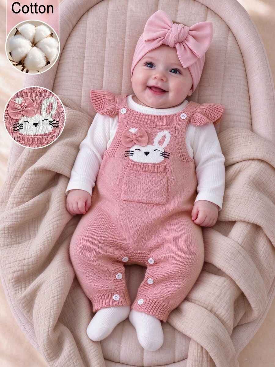 SHEIN Baby Girls' Cartoon Jacquard Knit Long Sweater Jumpsuit With Pink Plush Rabbit Decoration, Flutter Sleeves And Ruffle Details, For Spring And Autumn - Pink - View 1
