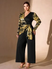Cravure Jumpsuit nữ size lớn họa tiết in ngẫu nhiên màu vàng, phong cách thời trang thanh lịch cho tiệc tùng và mặc thường ngày dạo phố - Nhiều màu - Xem 3