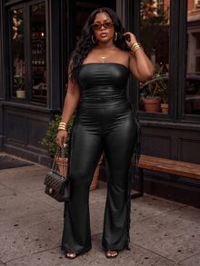 Slaydiva طقم نسائي مقاس كبير بلون موحد، توب أنبوبي مطوي وبنطلون، كاجوال للاستخدام اليومي، قطعتين - الأسود - مشاهدة 5
