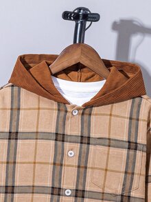 SHEIN 青少年男孩休閒格紋拼色梭織鈕扣前開襟襯衫，秋季 (9)、冬季 (2)，棕色 - 卡其色 - 查看 4