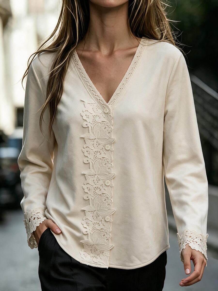EMERY ROSE Women's Solid Color Contrast Lace V-Neck Long Sleeve Elegant Blouse - Khaki - View 1