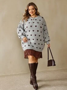 SHEIN CURVE+ فستان نسائي كاجوال يومي محبوك بمقاسات كبيرة مع تطريز دانتيل وطباعة كاملة للشتاء والكريسماس - رمادي - مشاهدة 5