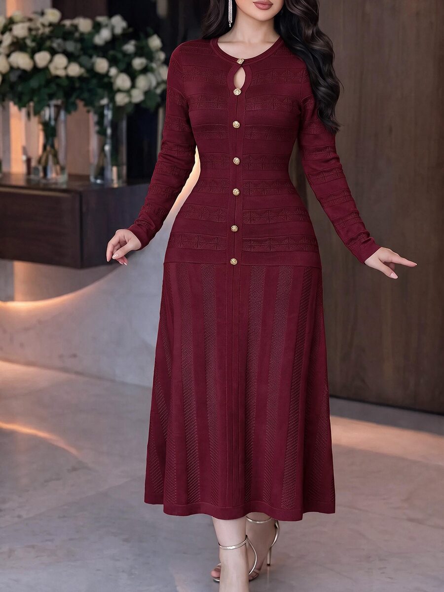 Feyla Women's Solid Color Long Sleeve Button Design Elegant Knit Dress - Burgundy - View 1