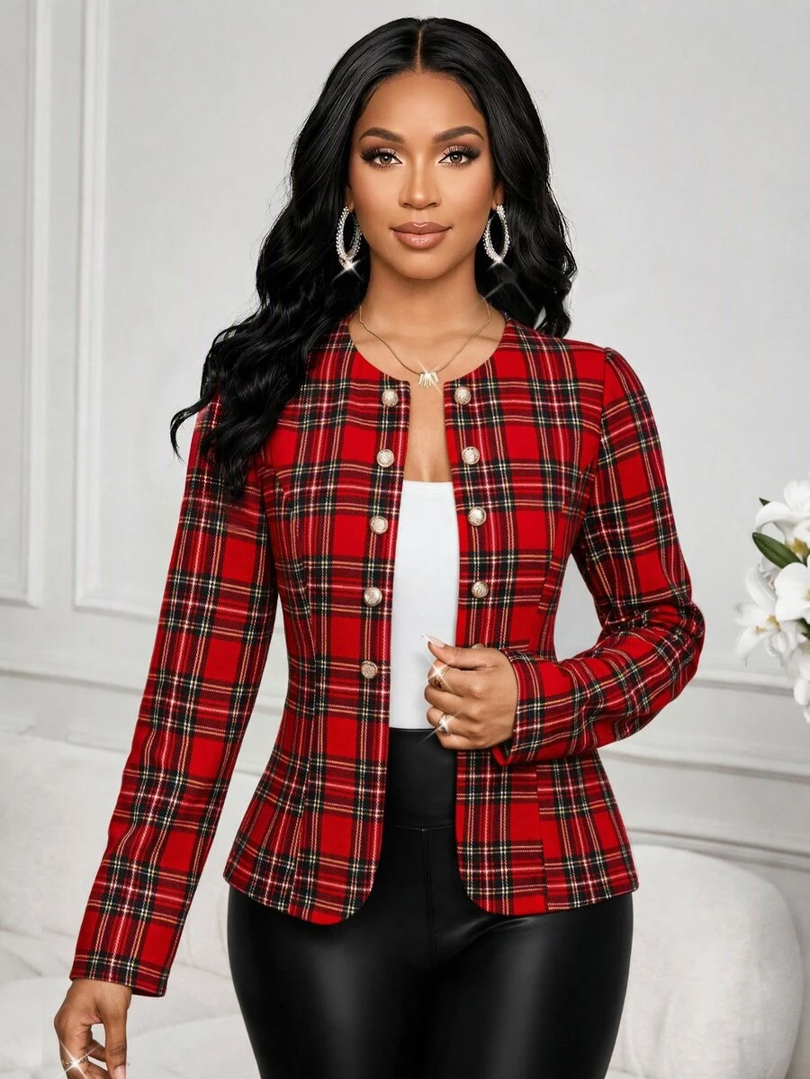 SHEIN Lady Women's Plaid Casual Versatile Commuter Travel Blazer - Burgundy - View 1
