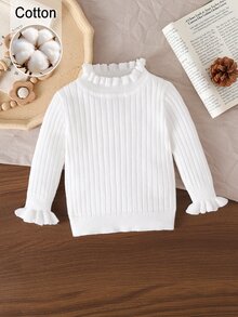 SHEIN Baby Girls Sweaters, Infant Toddler Pullover Ruffle Collar Knitted Long Sleeve Sweater, Suitable For Autumn/Winter, White/Cream Solid Color - Beige - View 1