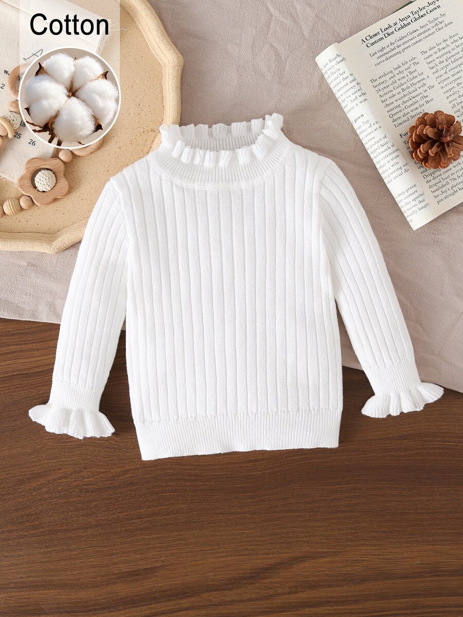 SHEIN Baby Girls Sweaters, Infant Toddler Pullover Ruffle Collar Knitted Long Sleeve Sweater, Suitable For Autumn/Winter, White/Cream Solid Color - Beige - View 1