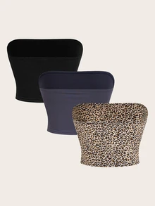 SHEIN EZwear 3-Piece Women's Solid Color And Leopard Print Fashion Strapless Tops - Multicolor - View 2