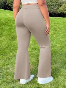 SHEIN EZwear 大尺碼女款快乾高腰針織喇叭褲，百搭顯瘦，黑色秋季款 - 卡其色 - 查看 2
