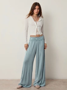 Willow Rêve Women's Lace Patchwork Casual Wide Leg Pants For Daily Wear - Light Wash - View 3