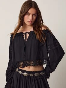 Willow Rêve Bộ 2 món áo quây thêu trang trí phối màu và chân váy dài dáng rộng cho nữ màu đen - màu đen - Xem 6