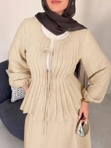 Solavon Women's Tie-Front Ruched Long Sleeve Blouse And Long Skirt 2 Pieces Set Daytime Everyday Burgundy Autumn Elegant Modest Brunch - Khaki - View 7