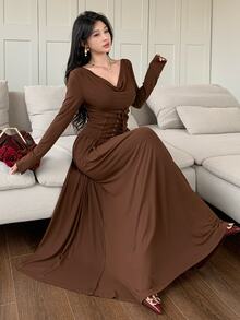 Feyla Women's Solid Color Tie-Front Cowl Neck Casual Party Summer Dress - Coffee Brown - View 4