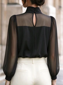 Elenzga Women's Solid Color Stand Collar Contrast Mesh Long Sleeve Elegant Blouse - Black - View 2